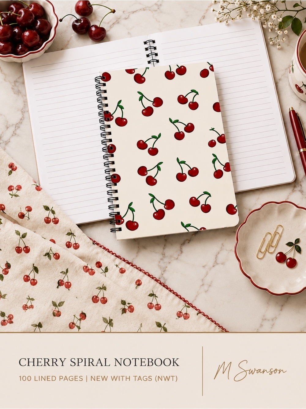NEW Cherry Print Spiral Notebook | Lined Journal | 100 Pages | NWT